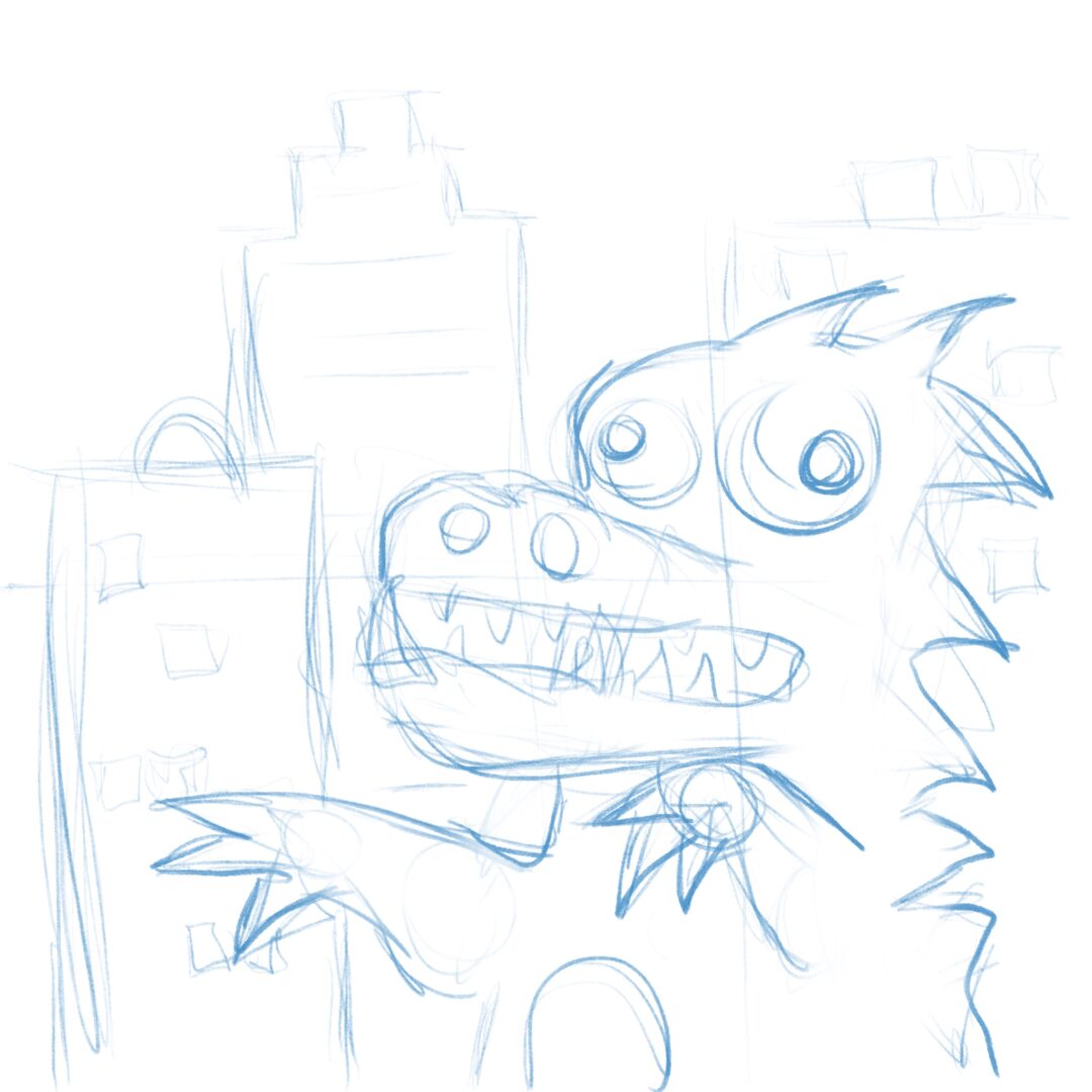 A sketchy doodle of Garmegula, the Kaijuville mascot.