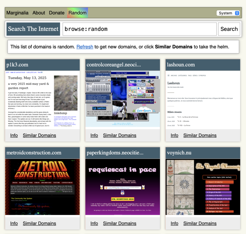 A screenshot of a random selection of site thumbnails from the Marginalia search engine. Two of them are from Neocities.