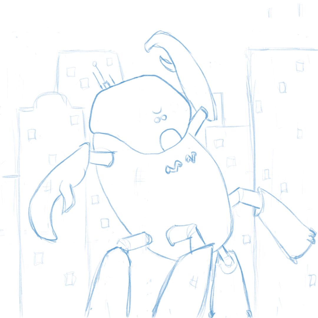 A very loose blueline drawing of Mechnozoid, who is kind of a big crab robot guy.