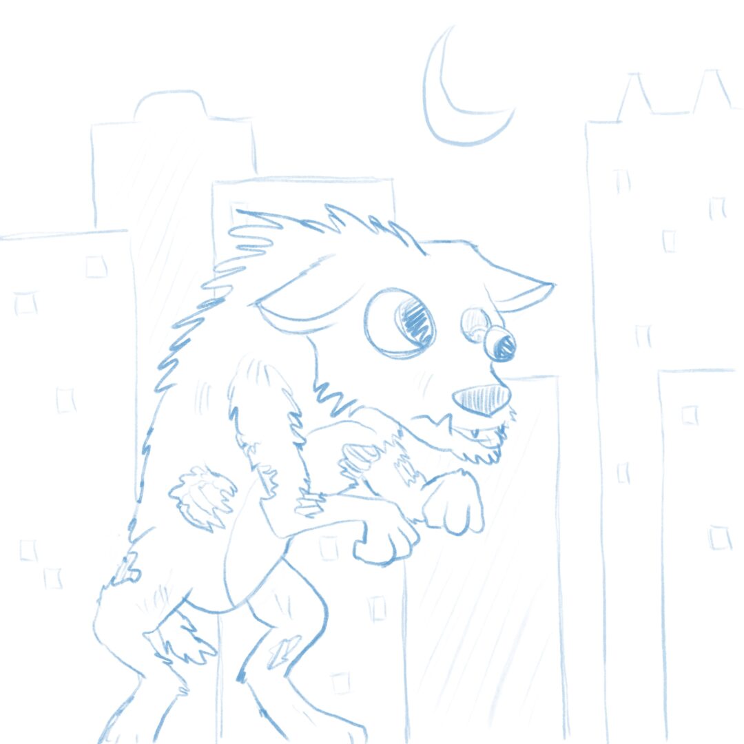 Vulfhor, a kind of giant zombie wolf walking on his hind legs in front of a skyline, with one eye out of its socket.