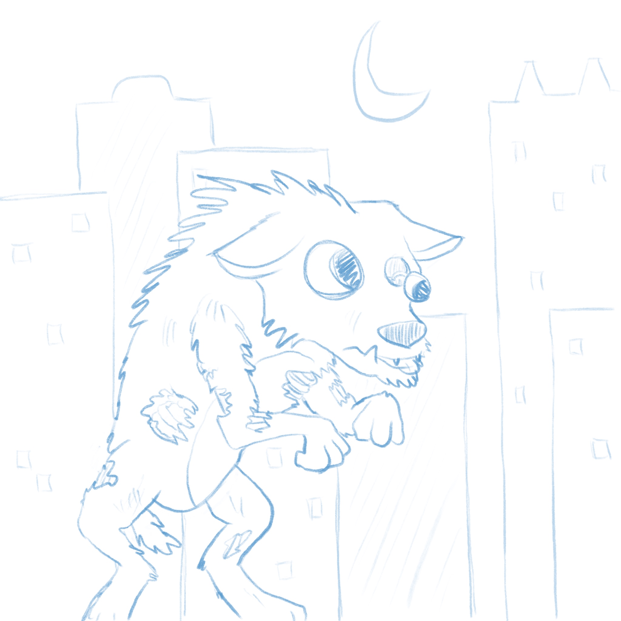 Vulfhor, a kind of giant zombie wolf walking on his hind legs in front of a skyline, with one eye out of its socket.