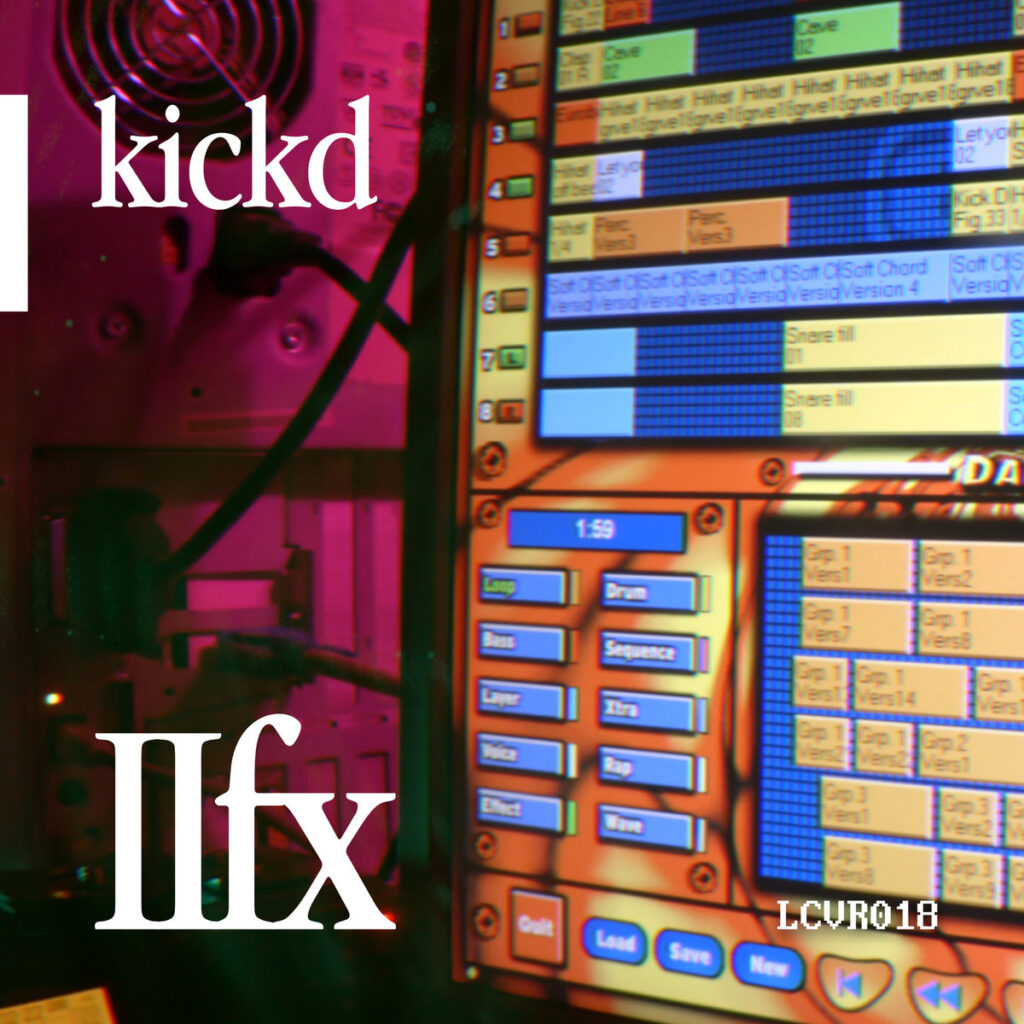 A vintage tracker music creator shown on a monitor with the label "kickd - IIfx."
