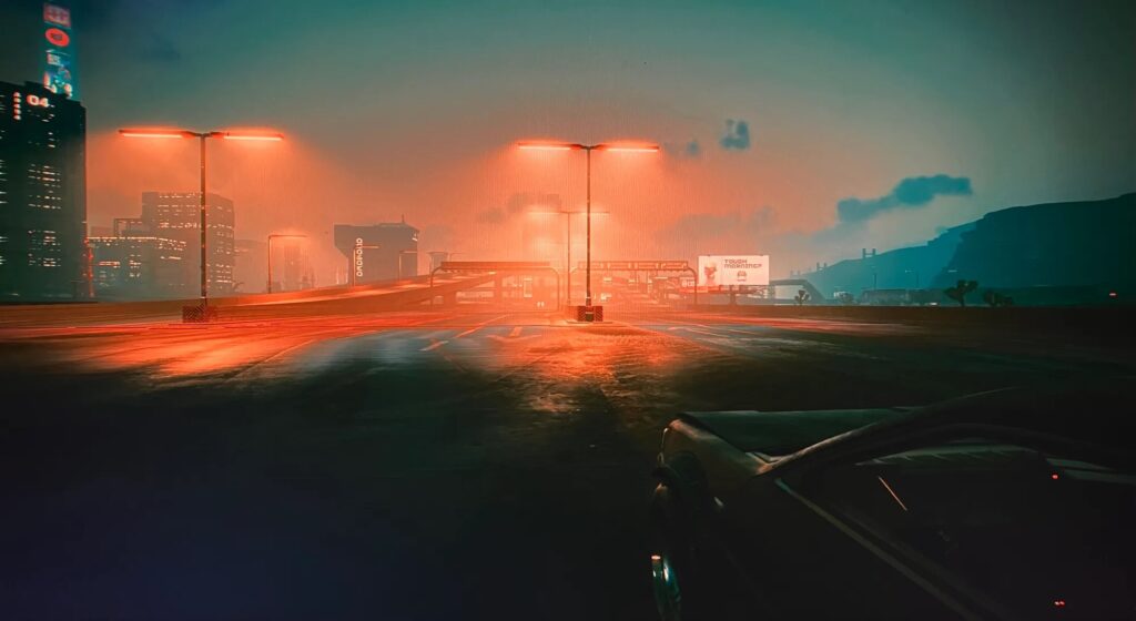 A car on an empty urban motorway. Cinema noir vibes, yellow-ish lights and the car to the right of the viewer, cropped after the first window, driver side.