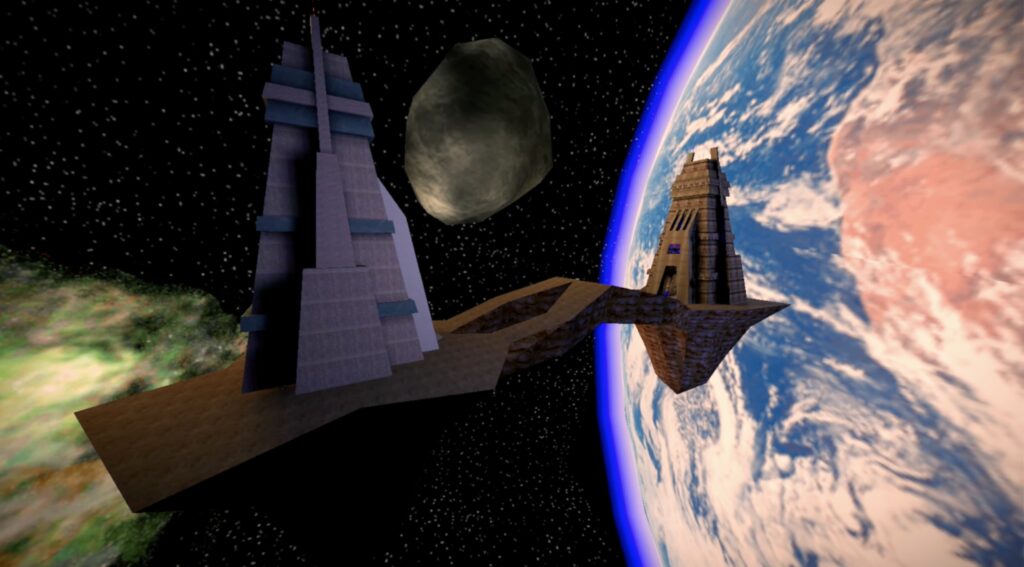 An exterior view of the "Facing Worlds" map in Unreal Tournament, with two towers suspended in space in front of Earth and celestial bodies.