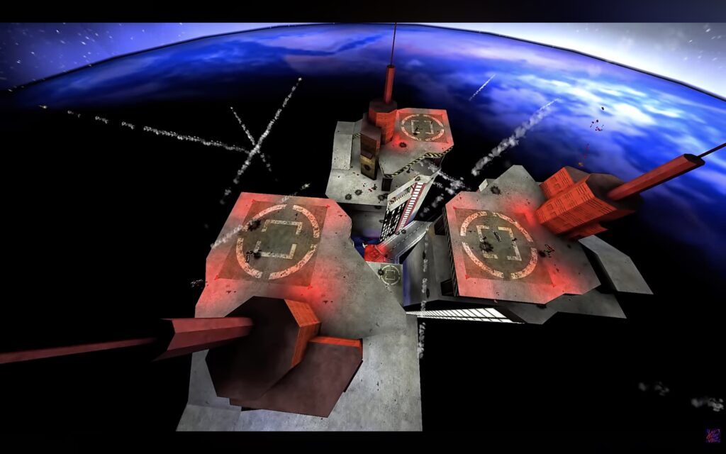 Three towers with helipads on them suspended in space above the curvature of the Earth.